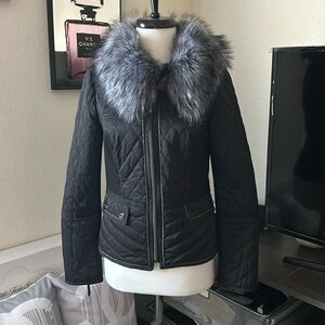 White House Black Market peplum faux collar black quilted jacket XS